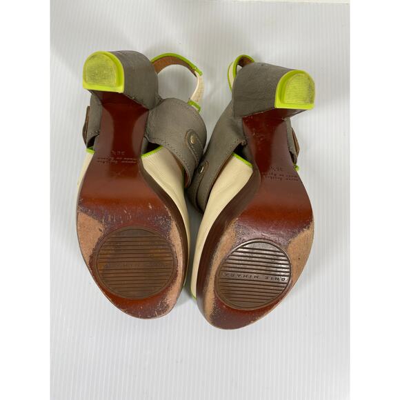 CHIE MIHARA Peep Toe Platform Heels Size 6 Leather Colorblock Wood Heel Retro - Picture 10 of 12